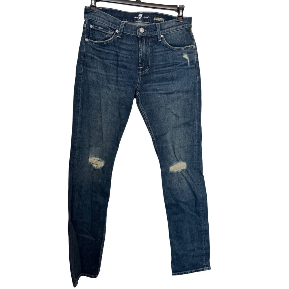 7 For All Mankind Slimmy Jeans Size 31 Blue Distressed Denim Stretch Casual Pant